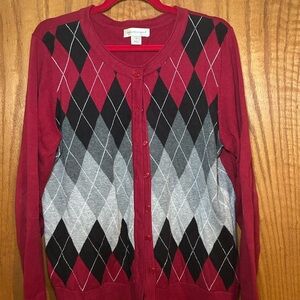 Christopher & Banks Red and Gray Argyle Cardigan